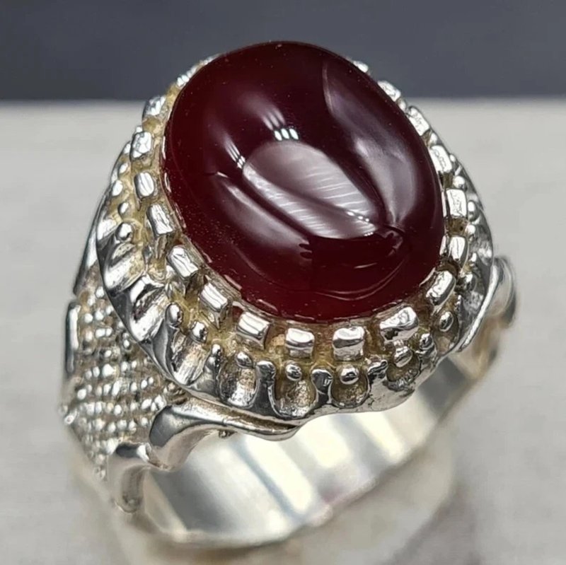 Mens rare blood yemeni aqeeq ring real genuine Yamni agate stone man Haqeeq ring - 戒指 - 寶石 紅色