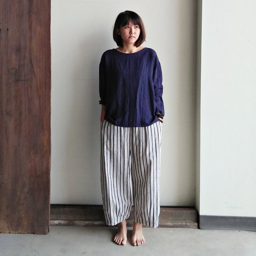 Feliz & Recap 後開扣七分袖衫 亞麻 深藍