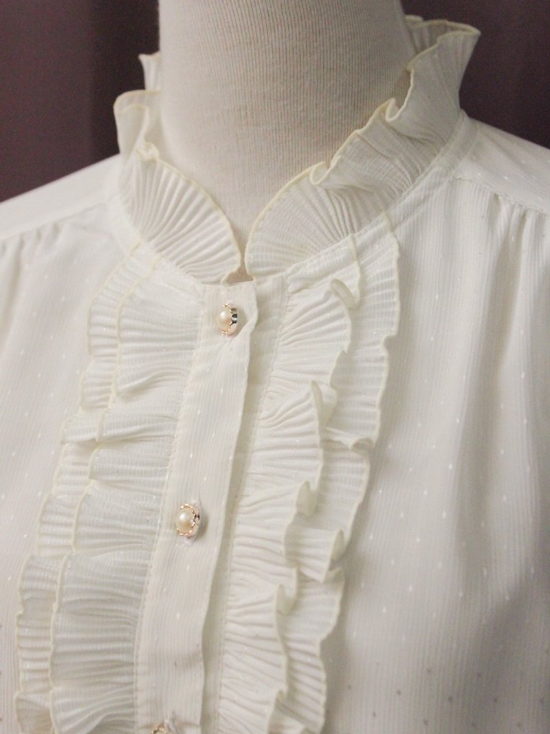 復古典雅法式浪漫花邊蛋糕立領米白色寬鬆長袖古著襯衫 - 女襯衫 - 聚酯纖維 白色