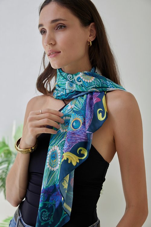 slowsundaynight Hand Painted Silk Peacock Scarf 90x90 cm Romantic Head Wrap Gifts for Mum