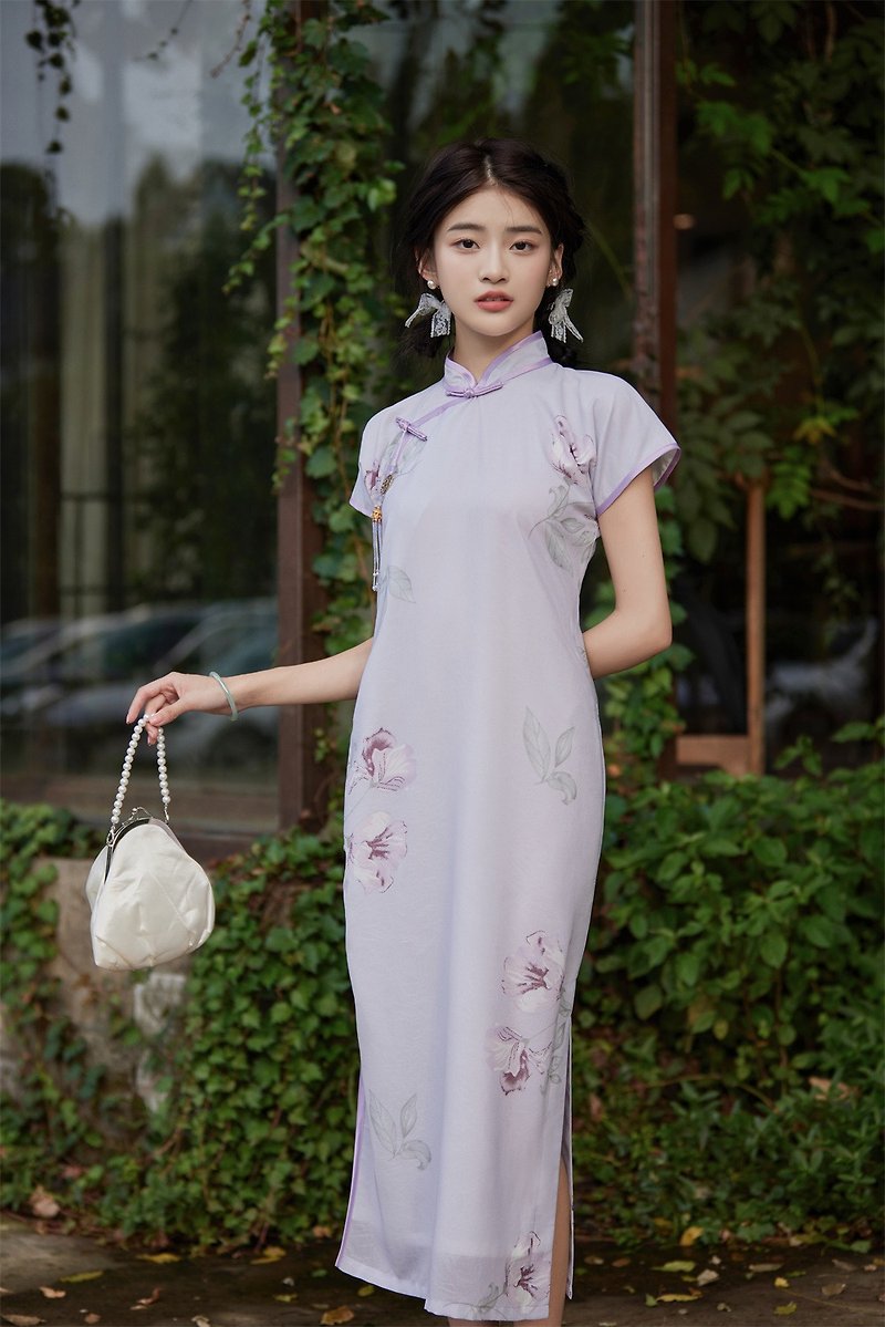 Light purple retro print Republic of China ancient law girl cheongsam new Chinese style Mid-Autumn Festival Spring Festival improved one-piece dress - Qipao - Other Man-Made Fibers Purple