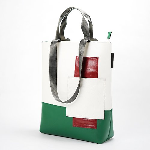 Akaneg Form Green and White Zipper Tote Bag