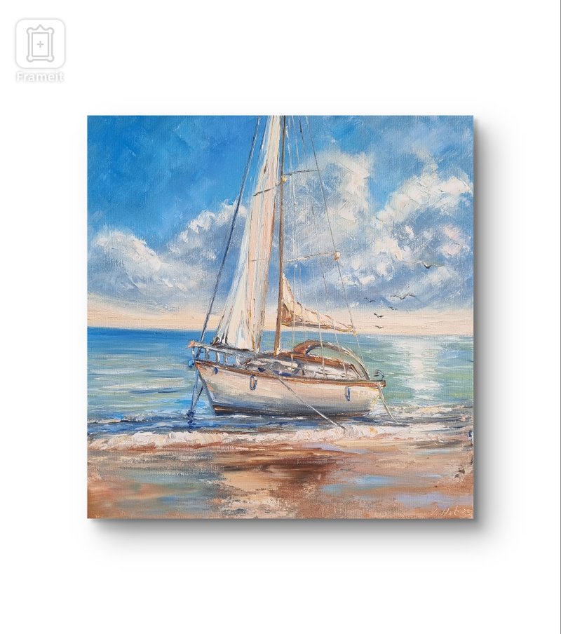 Sailboat oil painting Seascape Original Art by Anna Antonova - 壁貼/牆壁裝飾 - 棉．麻 