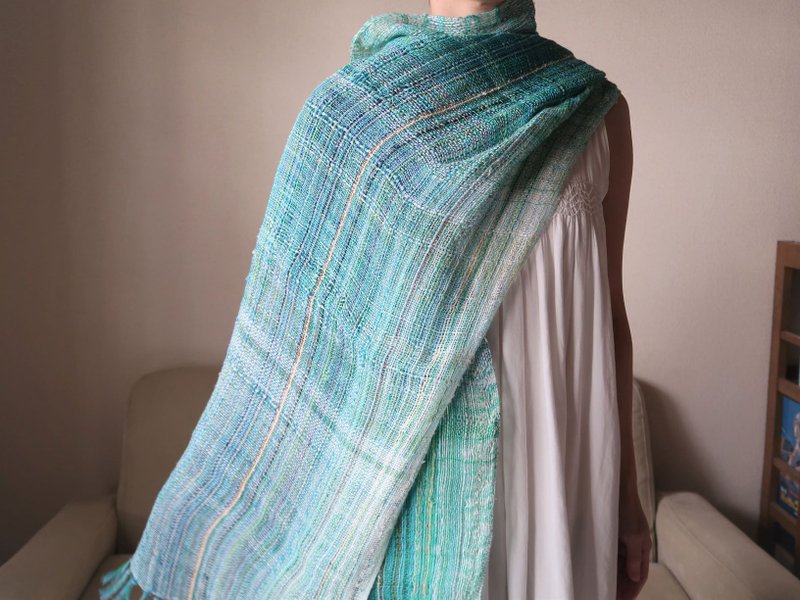 大判リネンシルクストール　湧水　ウォールアート　Shawl (L) 36　【受注制作】 - 絲巾 - 棉．麻 綠色