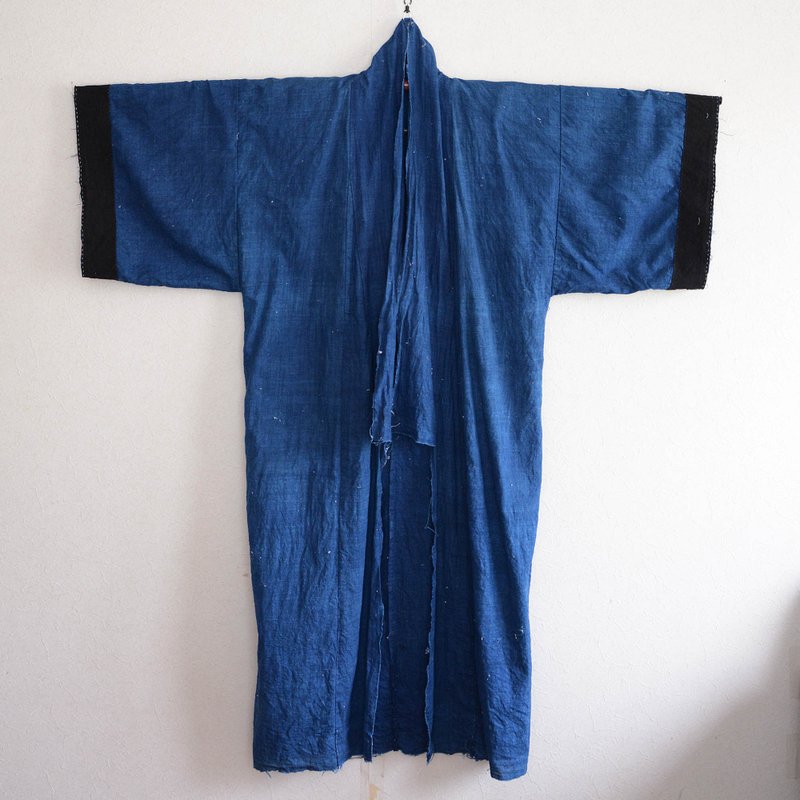 Yogi Lining Indigo Kimono Robe Japanese Fabric Vintage Aizome Free Shipping - Men's Coats & Jackets - Cotton & Hemp Blue