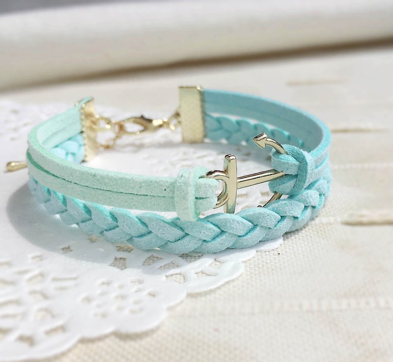 Handmade Double Braided Anchor Bracelets Rose Gold Series-light blue - Bracelets - Other Materials Blue