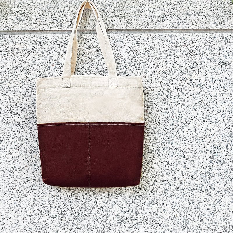 Thick canvas color matching double pocket tote bag (shoulder bag / handbag) - dark red - Messenger Bags & Sling Bags - Cotton & Hemp Red