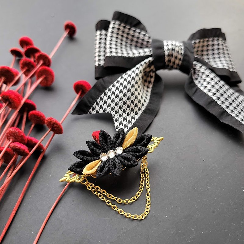 [Chidori bow chrysanthemum clip two-piece set] つまみ Japanese style hair accessories Korean style plover jacquard - เครื่องประดับผม - เส้นใยสังเคราะห์ สึชมพู