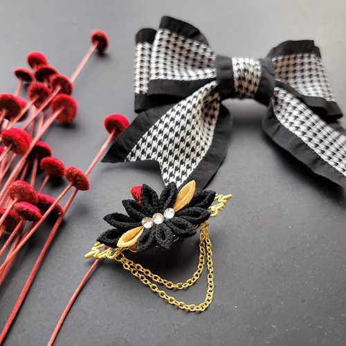 馨手作 Cindy's hand made 【千鳥蝴蝶結菊花夾兩件組】 つまみ細工 和風髮飾 韓版千鳥提花
