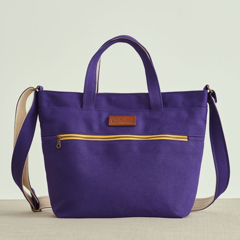 Eafami cotton canvas magnetic buckle tote bag purple SifY-multi-compartment - กระเป๋าถือ - ผ้าฝ้าย/ผ้าลินิน สีม่วง