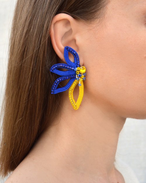 Olga Sergeychuk jewelry Earrings Blossom in blue and yellow colors, colors of Ukrainian flag