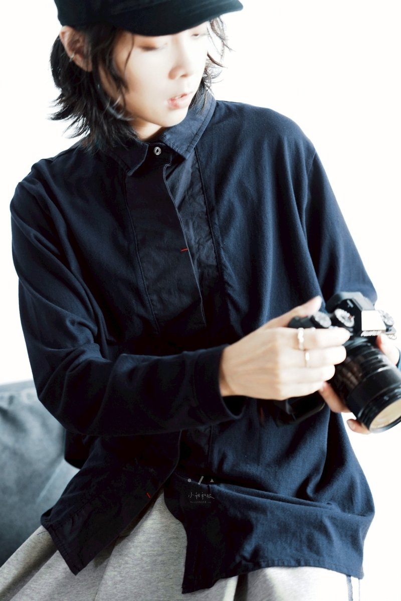 偷偷慵懶棉質拼接半休閒襯衫上衣 - 2色 - 深藍 - 女襯衫 - 棉．麻 藍色