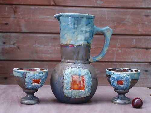 PorcelainShoppe Ceramic jug and set goblets Pottery Wine set Blue brown pitcher with 2 glasses