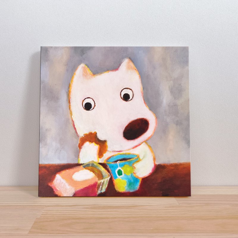 Afternoon Tea Date with White Dog - Kids Animal Illustration - Unframed Wall Art - ตกแต่งผนัง - ผ้าฝ้าย/ผ้าลินิน สึชมพู