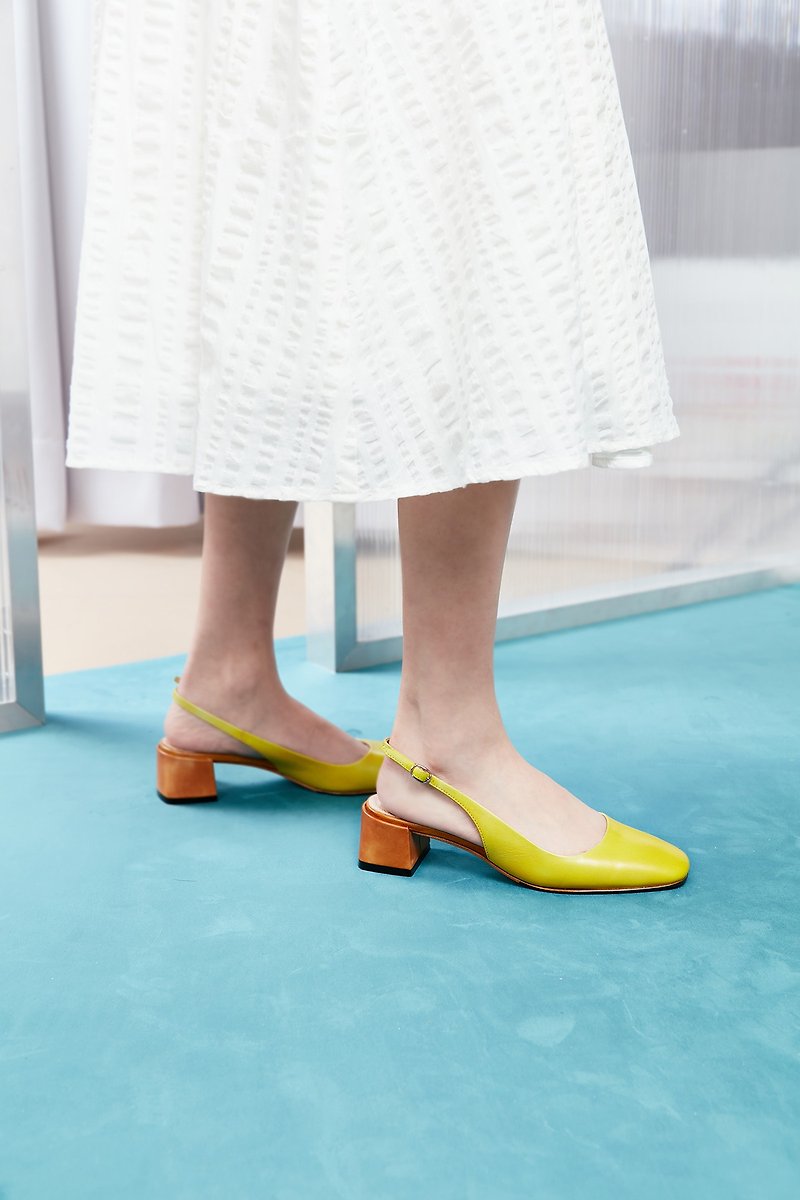 HTHREE 4.6 square head back heel with heel / yellow / Square Toe Back Strap Heels - รองเท้าลำลองผู้หญิง - หนังแท้ สีเหลือง