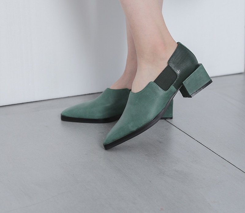 極簡側邊繃帶 方塊粗跟鞋 綠 - 女款皮鞋 - 真皮 綠色
