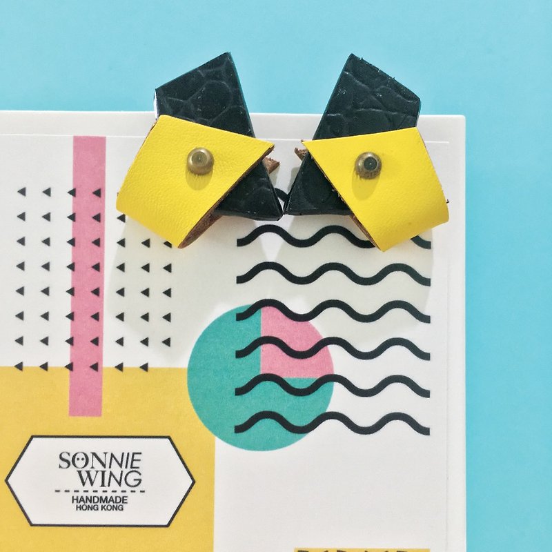Sonniewing's Geometric Stud Leather Earrings - ต่างหู - หนังแท้ สีเหลือง