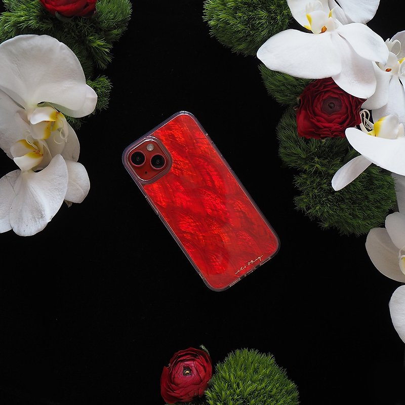 Happy New Year 職人が手作りした高品質な天然本貝iPhoneケース - スマホケース - シェル レッド