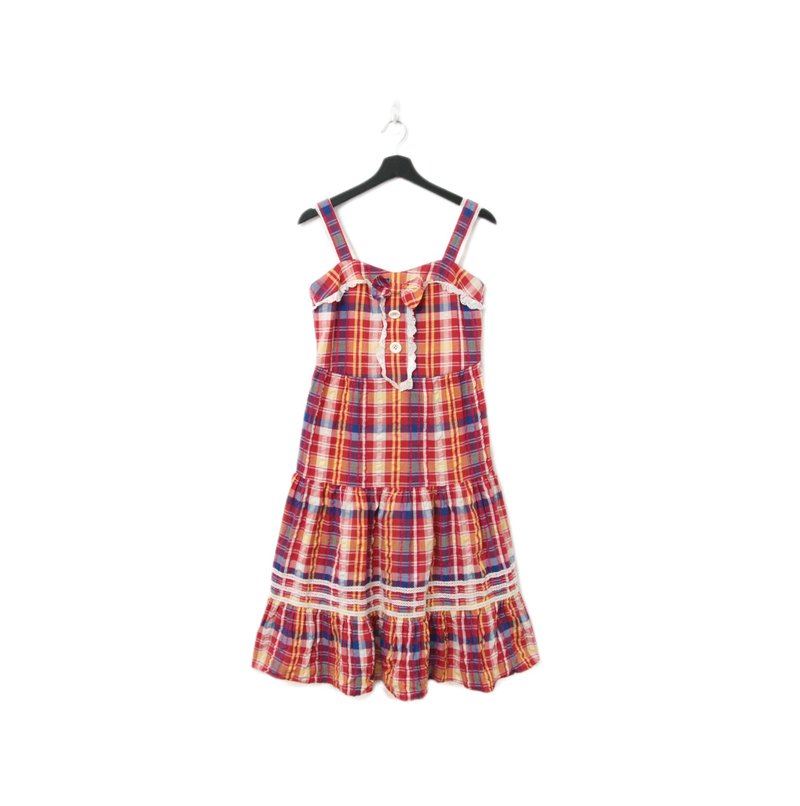 Back to Green-復古長洋裝 紅格紋 蕾絲花邊Ls-46//vintage dress - 洋裝/連身裙 - 棉．麻 