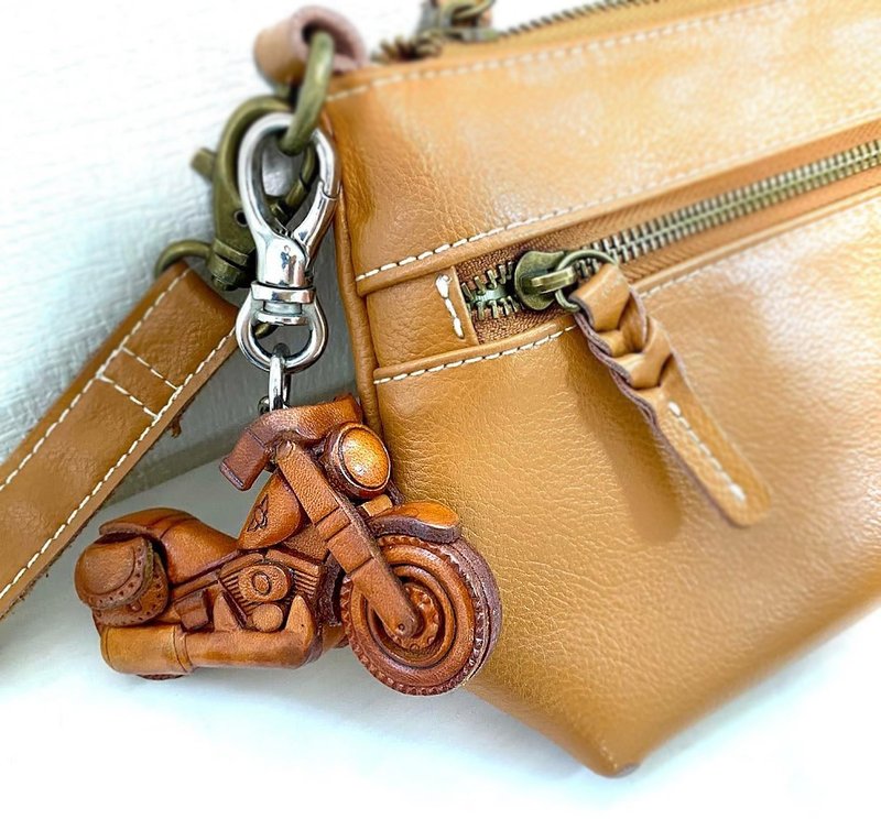 Chopper Bike Genuine Leather bag charm / American Bike - Keychains - Genuine Leather Brown