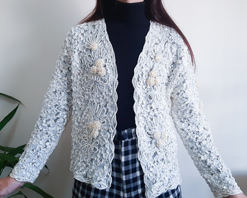 復古奶油色蕾絲刺繡夾克 透視蕾絲夾克 古董蕾絲夾克 M 號 - 女襯衫 - 聚酯纖維 白色