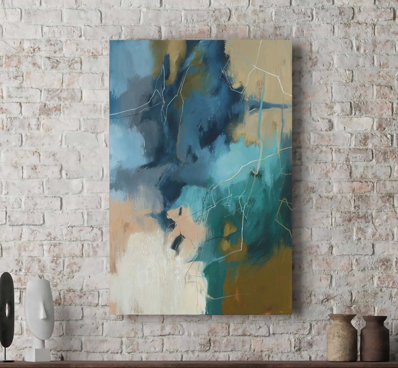 Painting Blue green Abstract  | Abstract Blue green Wall Art | Consonance 3 - 壁貼/牆壁裝飾 - 棉．麻 綠色