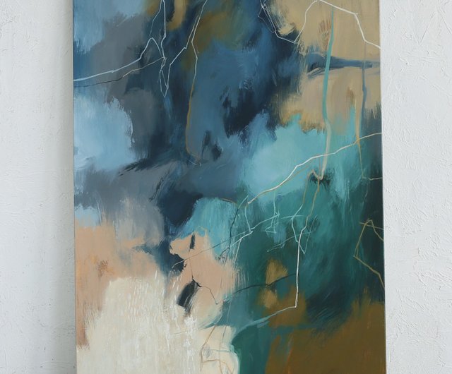青緑の抽象画 | 抽象的な青緑の壁アート | 調和 3 - ショップ