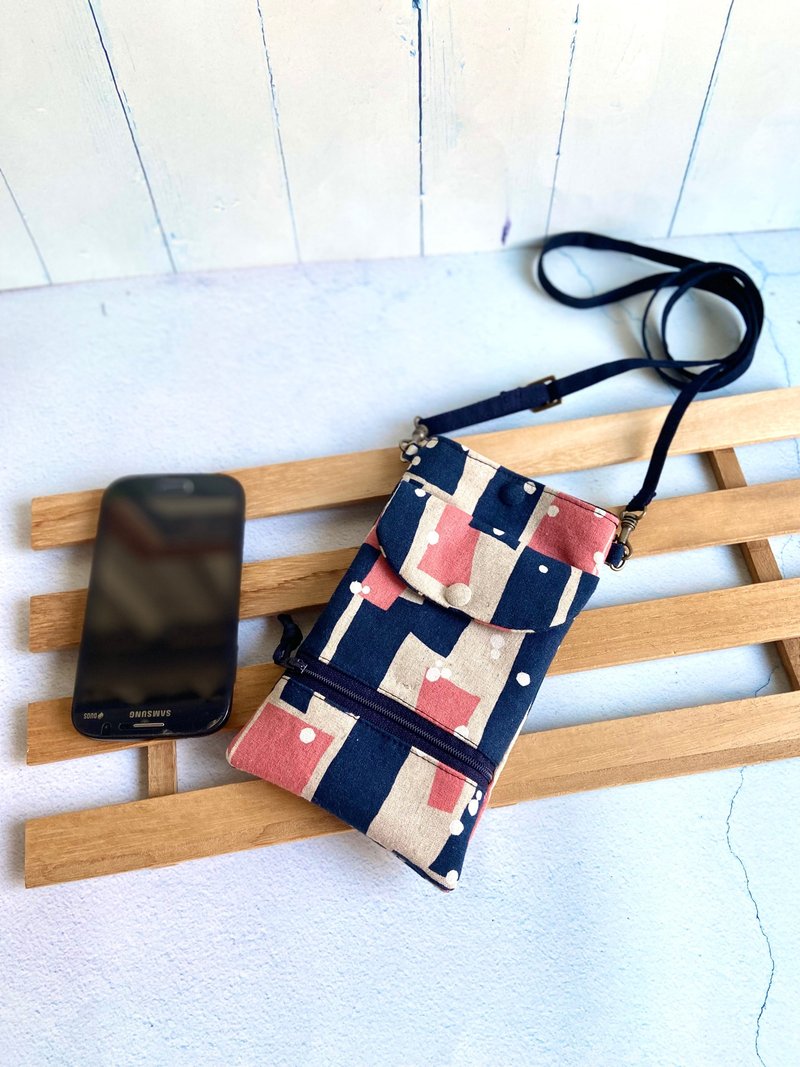 Geometric squares automatically sort banknotes and change mobile phone bags made of Japanese cotton and come with an adjustable strap - กระเป๋าแมสเซนเจอร์ - ผ้าฝ้าย/ผ้าลินิน 