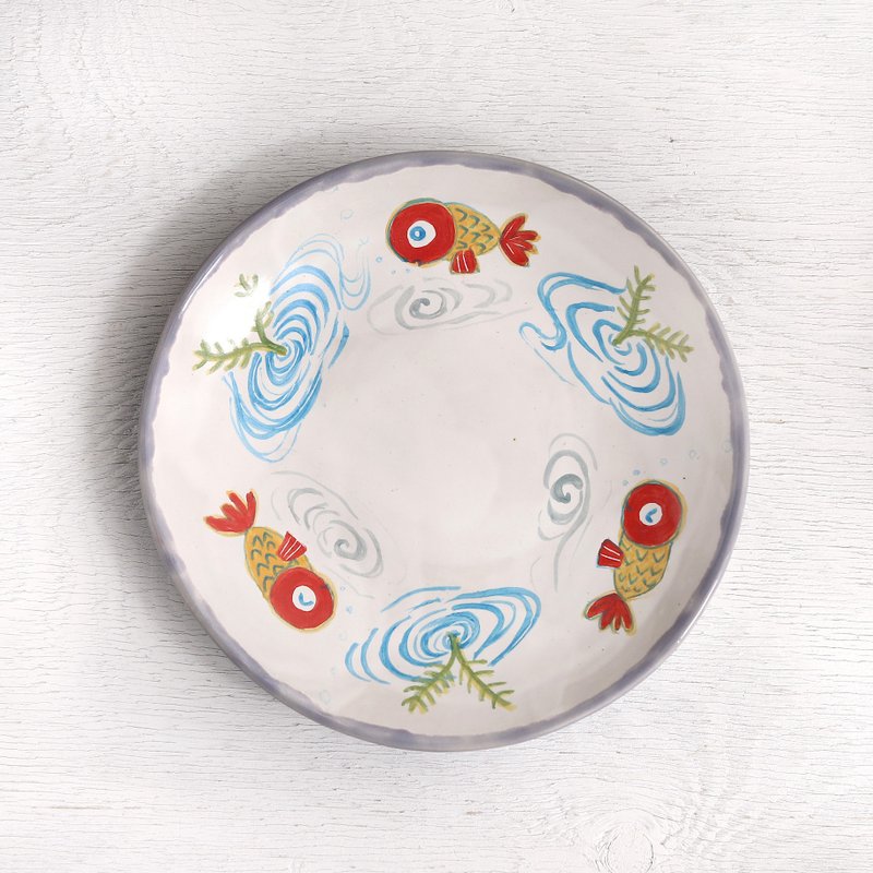 Color plate with red goldfish and blue water ripples - Plates & Trays - Pottery Red