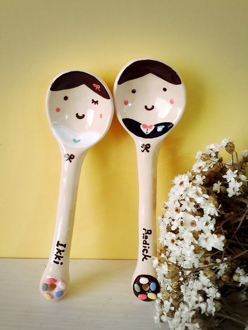 Ceramic donut wedding spoons (a pair of applying paragraph name) - Pottery & Ceramics - Other Materials Pink