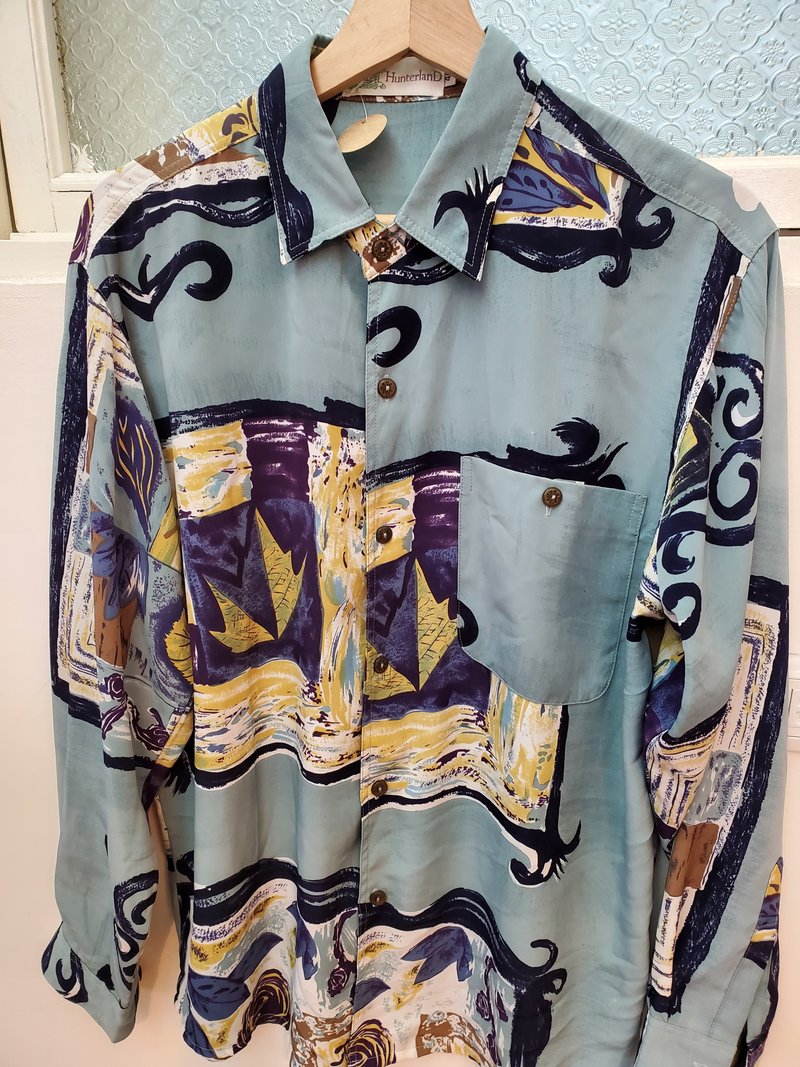 有禮貌穿搭 日本古著 絲質 手繪感圖騰 長襯 M號 近全新 - 男襯衫/休閒襯衫 - 棉．麻 多色