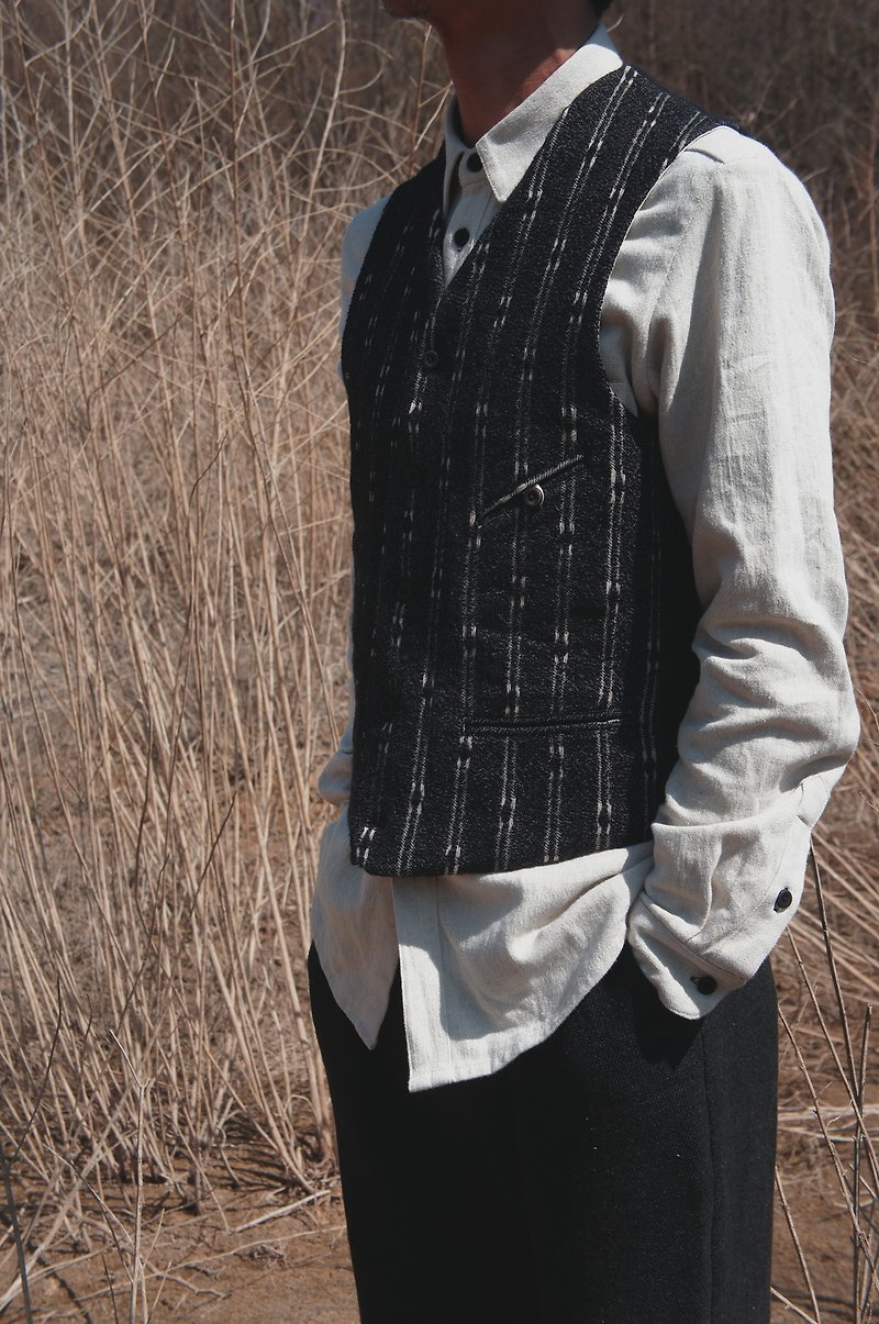Linen wool jacquard vintage vest - Men's Tank Tops & Vests - Cotton & Hemp Black