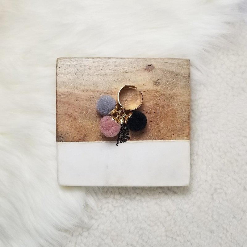 Little pom pom with metal fringe ring (Dusty Pink/Grey/Black) - General Rings - Copper & Brass Gold