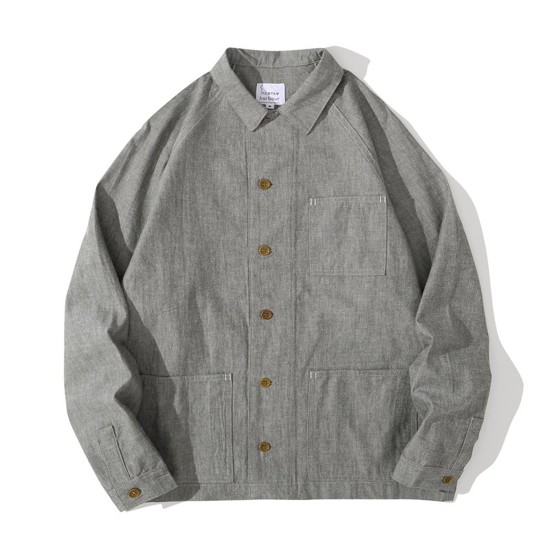 Incense Harbour Raglan Chore Shirt - Cotton Yarn Dyed Oxford - Uniform Grey - เสื้อเชิ้ตผู้ชาย - ผ้าฝ้าย/ผ้าลินิน สีเทา