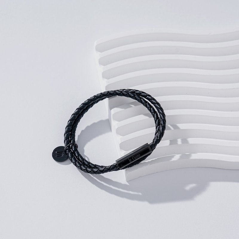 [Customized Gift] Leather Braided Bracelet Leather Bracelet Lover - Jet Black - Bracelets - Genuine Leather Black