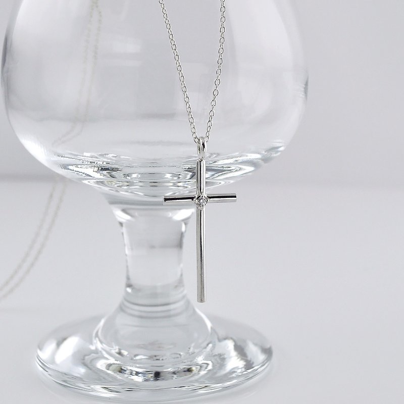 CZ Cross Necklace,Sterling Silver - Necklaces - Sterling Silver Silver