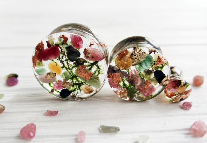 Watermelon tourmaline plugs earrings gauges jewelry Stone Moss - 耳環/耳夾/耳骨夾 - 石頭 多色