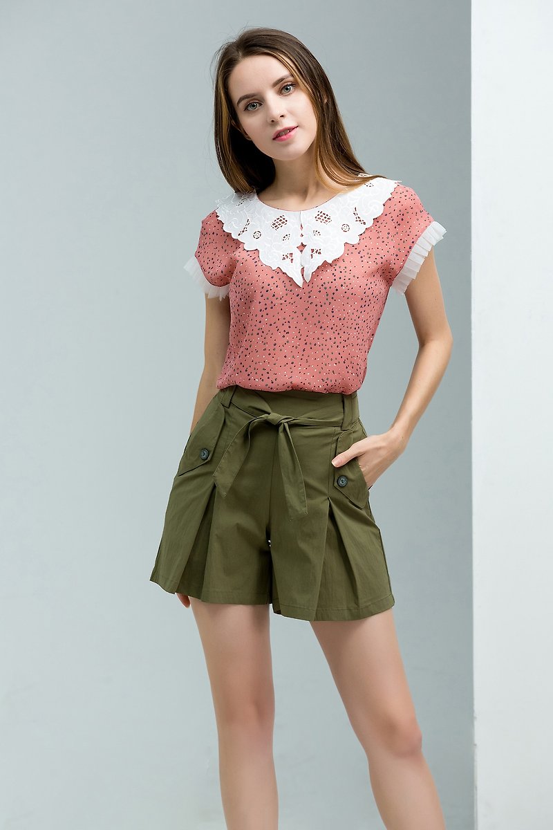 NEGA C. Elegant Color Dot Lace Large Collar Pleated Sleeve Top-Rose Pink - Women's Tops - Polyester Pink