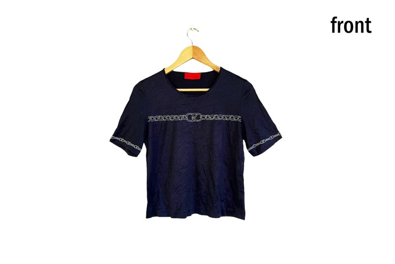 80s ROBERTA DI CAMERINO dark navy cotton tshirt, white embroidery chain and logo - 女上衣/長袖上衣 - 棉．麻 藍色