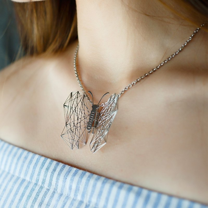 Exchangeable Wings Butterfly Necklace Medical Grade Thin Steel Jewelry Geometric (Silver) Not Allergic - Necklaces - Other Metals Silver