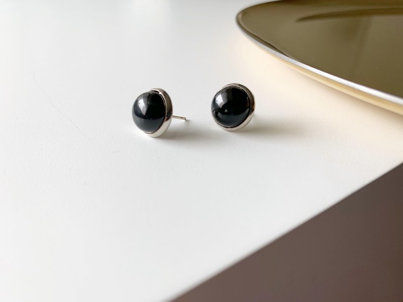 Natural stone round earrings black agate vintage earrings - ต่างหู - เครื่องเพชรพลอย สีดำ