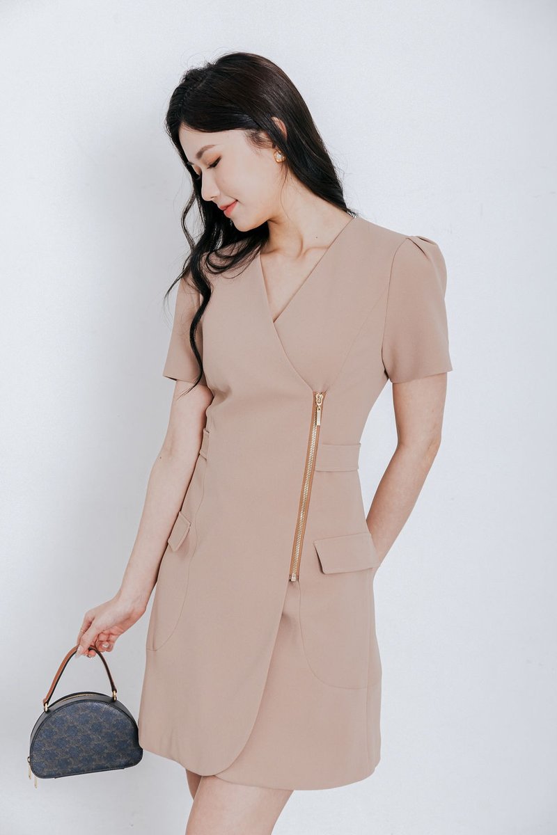 LORETTA beige office dress - One Piece Dresses - Polyester Khaki