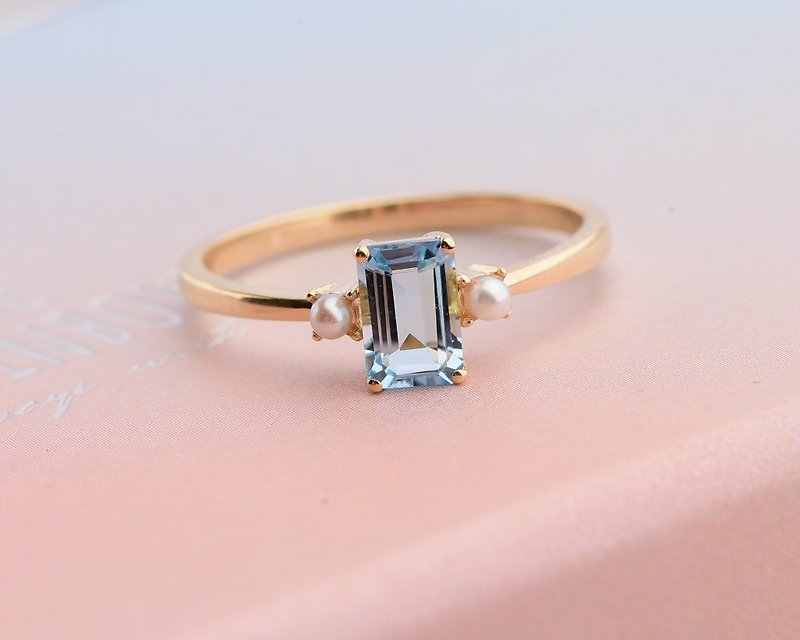 Aquamarine ring in solid 9k rose gold with pearls, Emerald Cut Aquamarine ring - General Rings - Rose Gold Blue