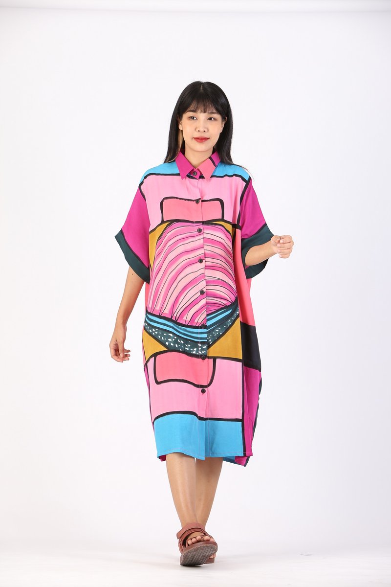 Dress Shirt Kaftan Cotton Rayon Hand Paint Free Size - 洋裝/連身裙 - 棉．麻 粉紅色