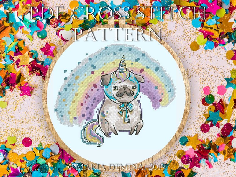 The Pug Under The Rainbow PDF cross stitch pattern - 手工藝教學/工具書 - 其他材質 