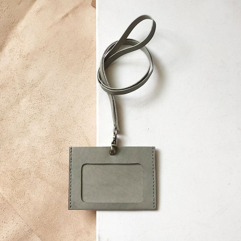 Identification card holder + neck strap _ horizontal _ double card layer _ gray - ID & Badge Holders - Genuine Leather Gray
