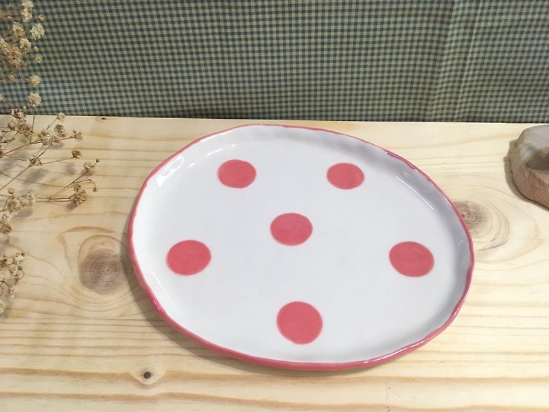 ピンクドット陶器皿 - 小皿 - 陶器 レッド