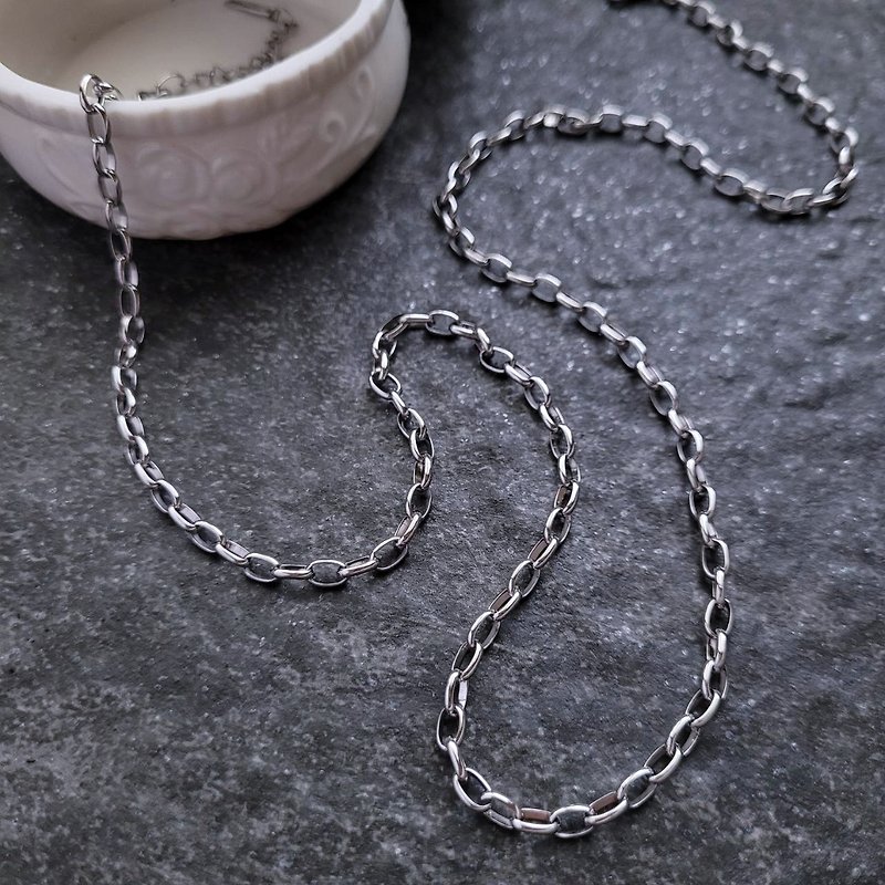 3.7mm oval steel chain (single chain) 42-85cm long male chain neutral chain sweater chain long necklace - Long Necklaces - Stainless Steel Silver