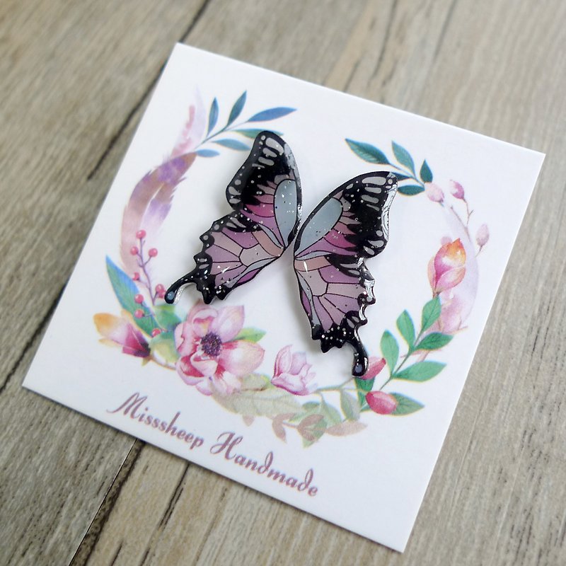 Misssheep-Butterfly Wings系列-粉紅淺藍 手作耳環 (耳針 /可轉透明耳夾) 一對 - 耳環/耳夾 - 其他材質 粉紅色