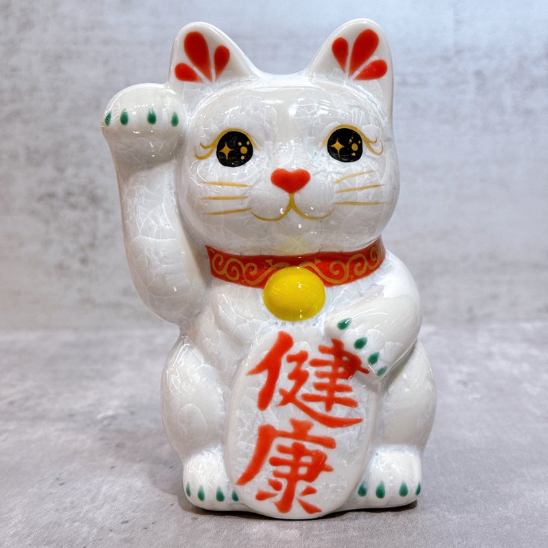 【晶喵護福】日本清水燒招財貓 | 花結晶 白 -  健康 右 - 擺飾/家飾品 - 瓷 白色